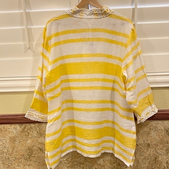 Charter Club NWT 100% Linen Tunic Top Yellow White Stripe Lace Trim V Neck Sz 2X - Picture 11 of 12